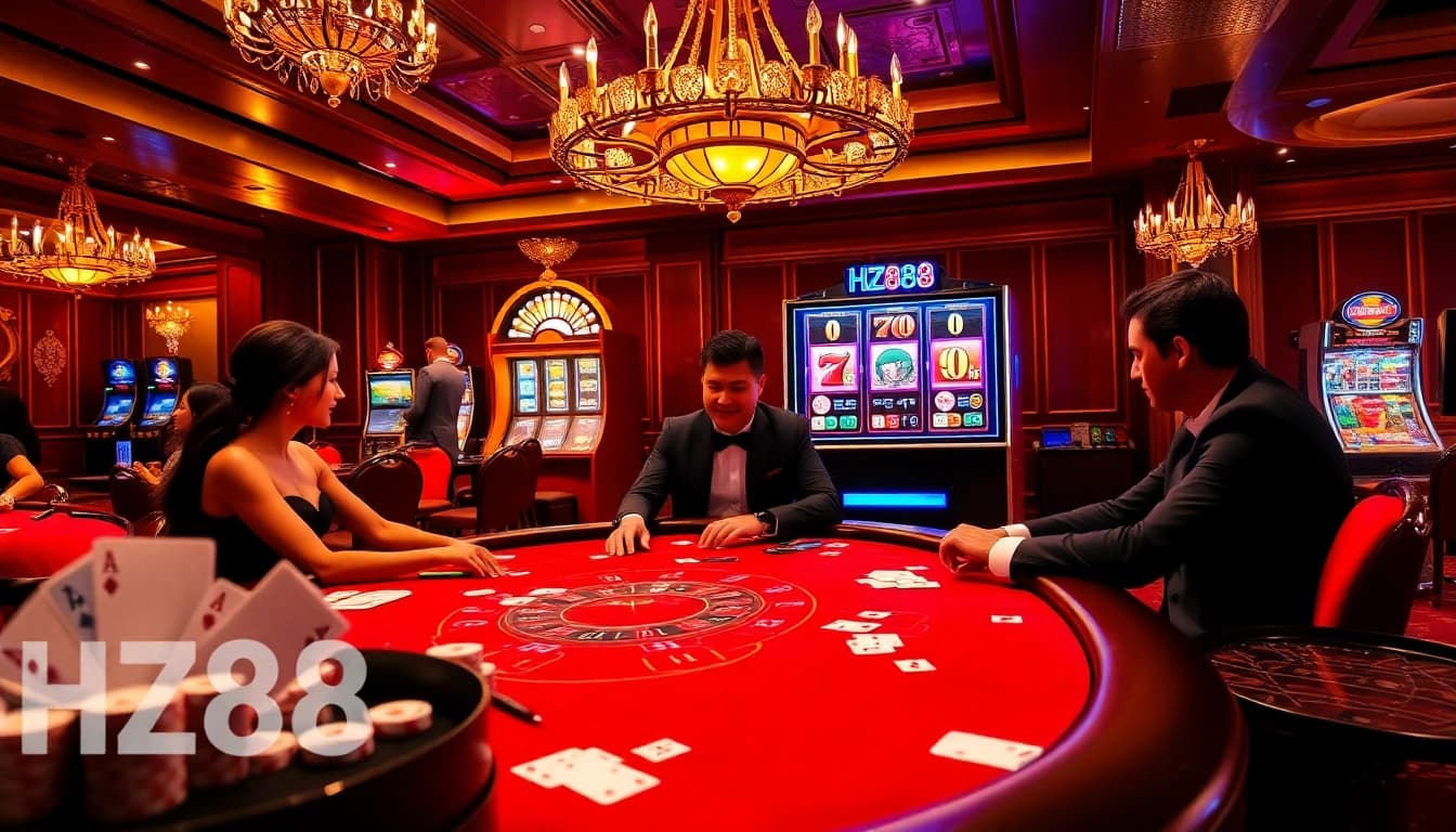 Experience excitement at HZ88's luxurious casino scene featuring poker and slots.