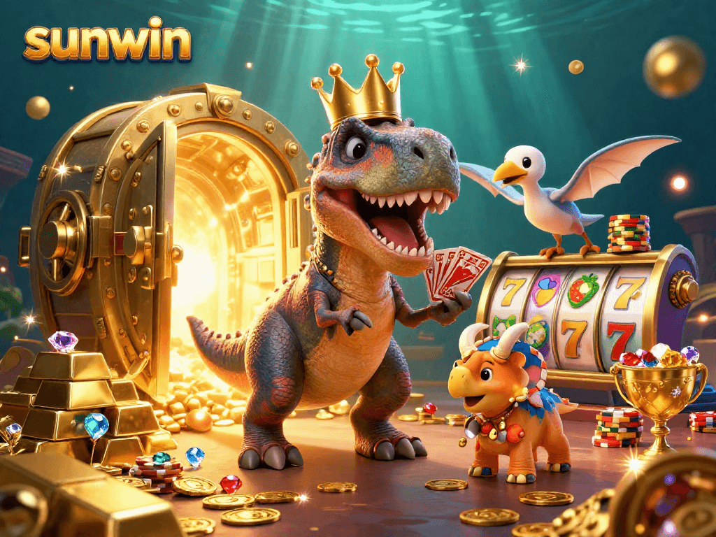Experience the vibrant sunwin casino scene with a T-Rex shuffling cards, showcasing slot reels and golden treasures.