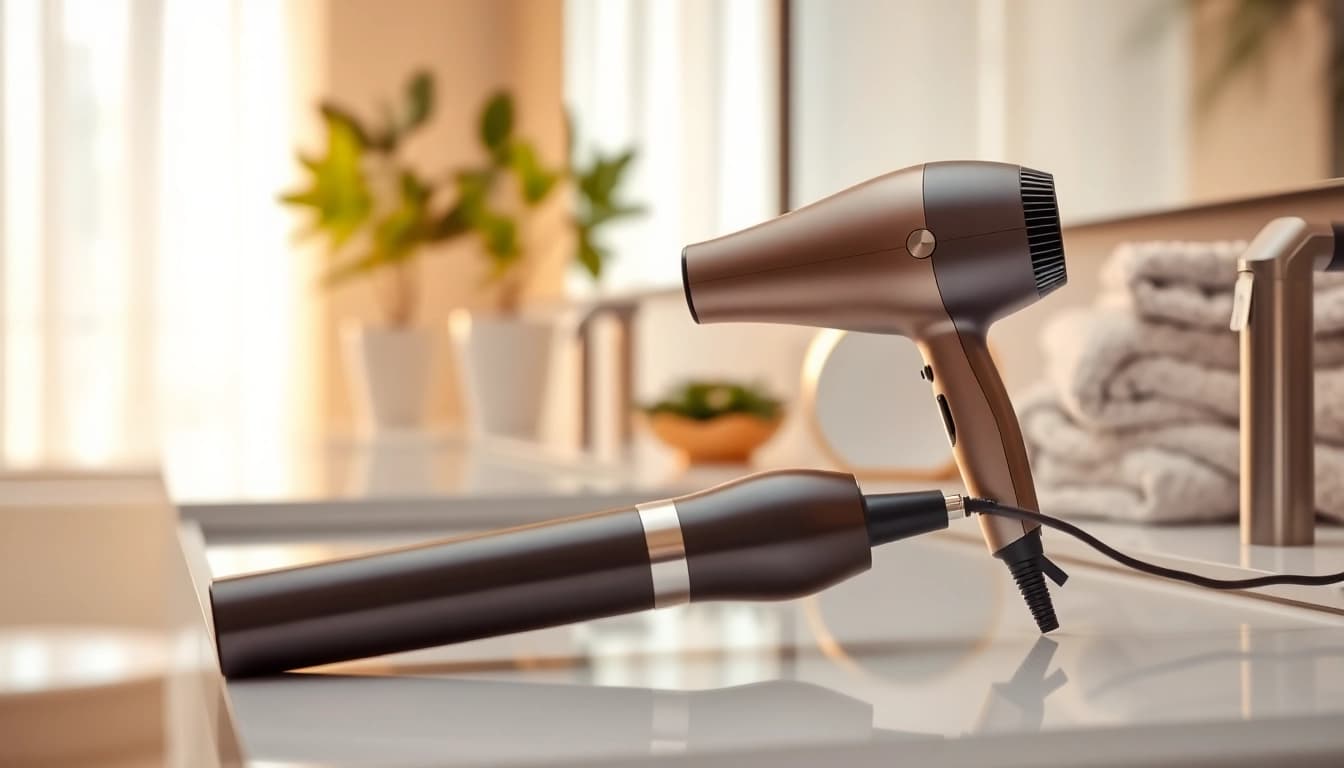 Using an Ionic blow dryer against a stylish bathroom backdrop enhances your hair styling experience.
