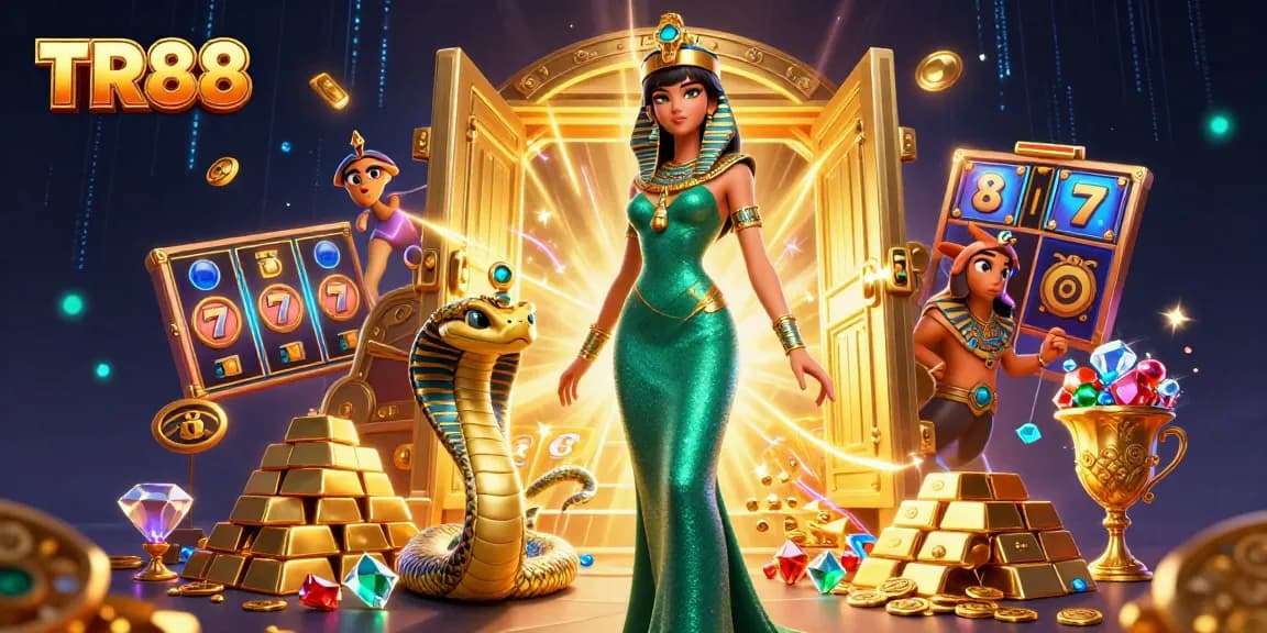 Engage in thrilling TR88 slots with diamond gems and golden treasures in a vibrant casino scene.
