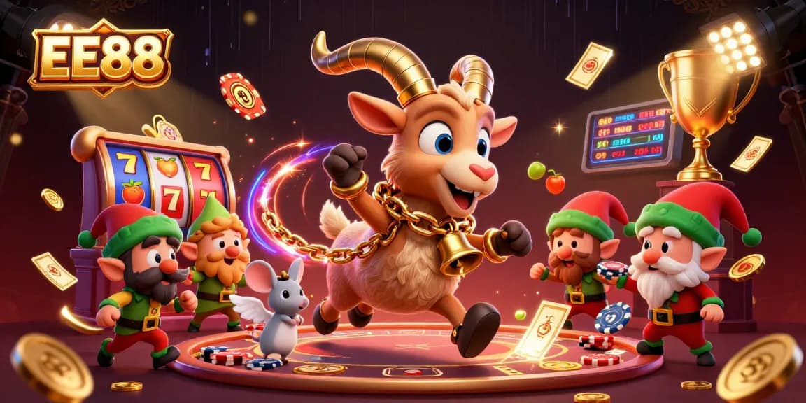 EE88 casino illustration showcases a festive Krampus, angel mouse, and elves in an exciting slot gaming scene.