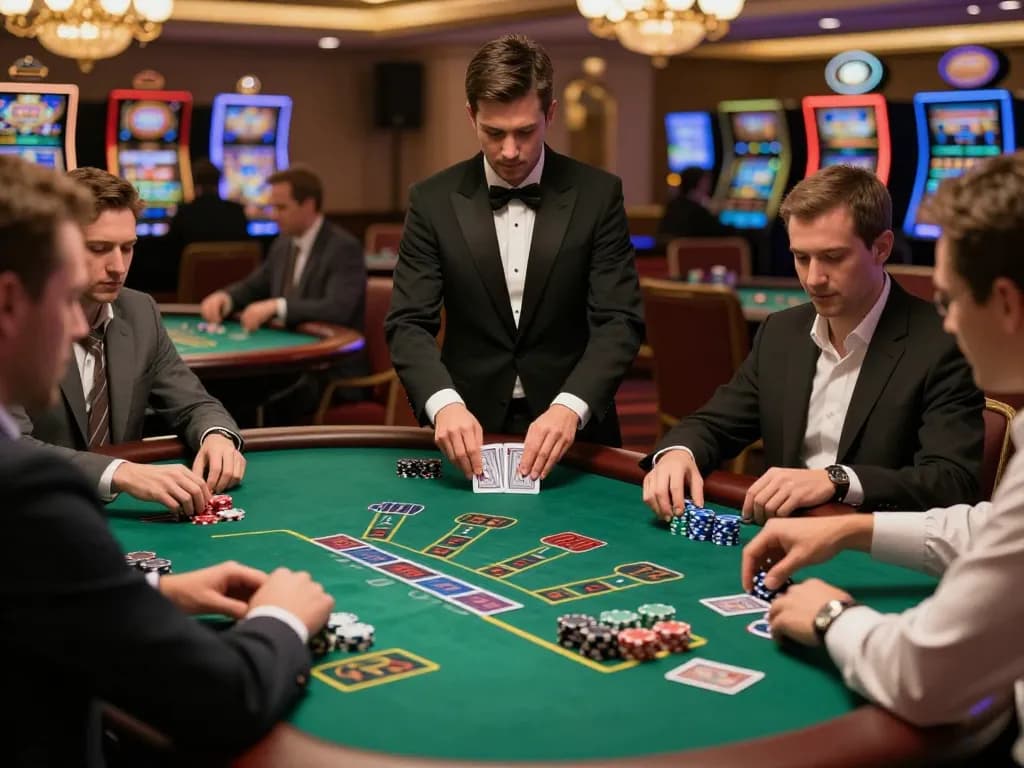Engaged players at MAX88 blackjack table strategizing their bets in a luxurious casino.