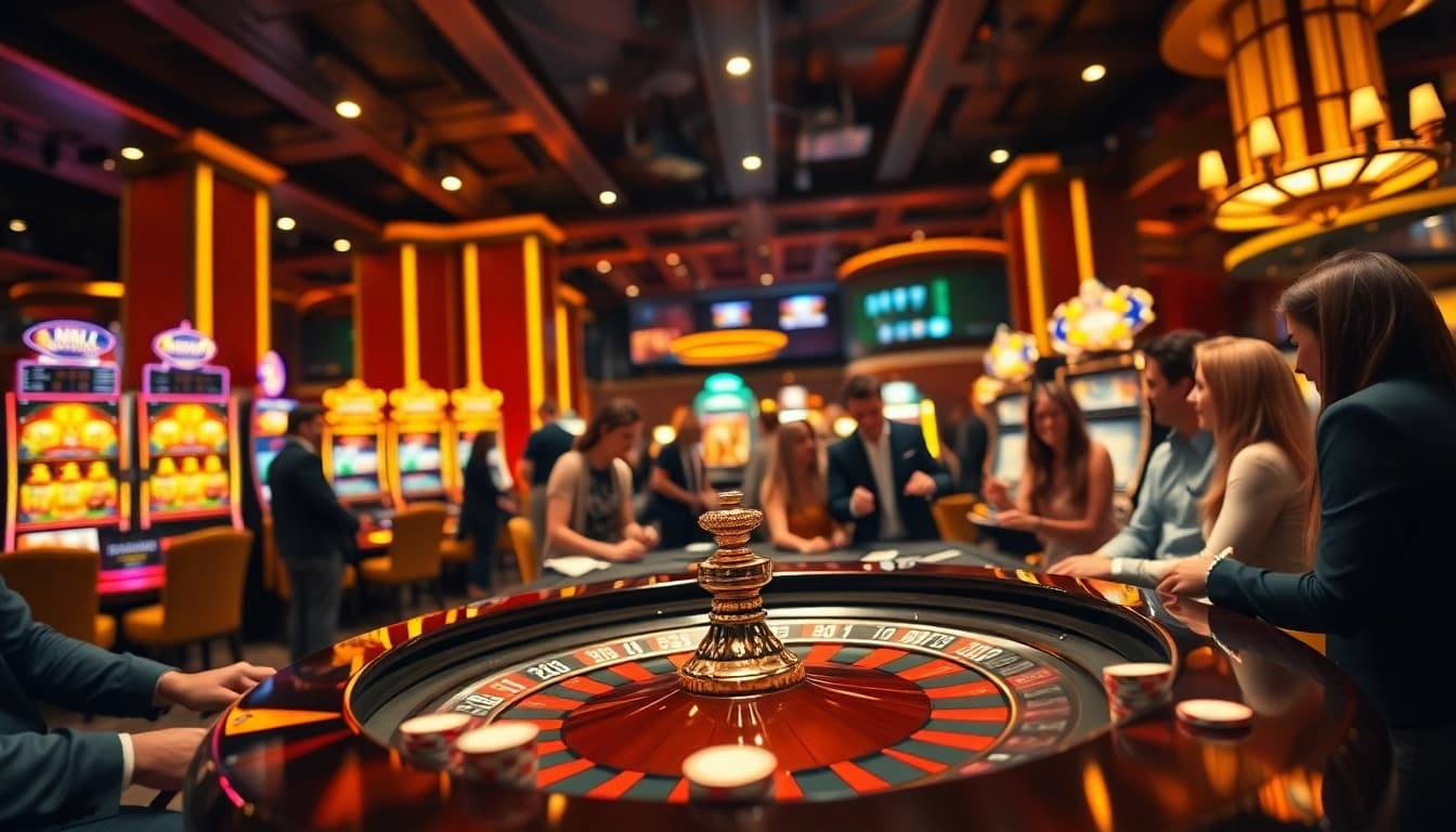 Excited players at an MMOO casino table with cards and chips, showcasing vibrant gaming activity.