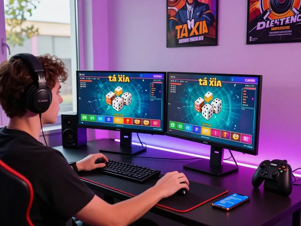 Dynamic gaming scene with player engaged in tài xỉu online, showcasing competitive atmosphere and vibrant accessories.