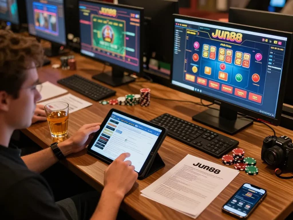 Engaging with Jun88 casino games on tablet, showcasing strategic gambling setup