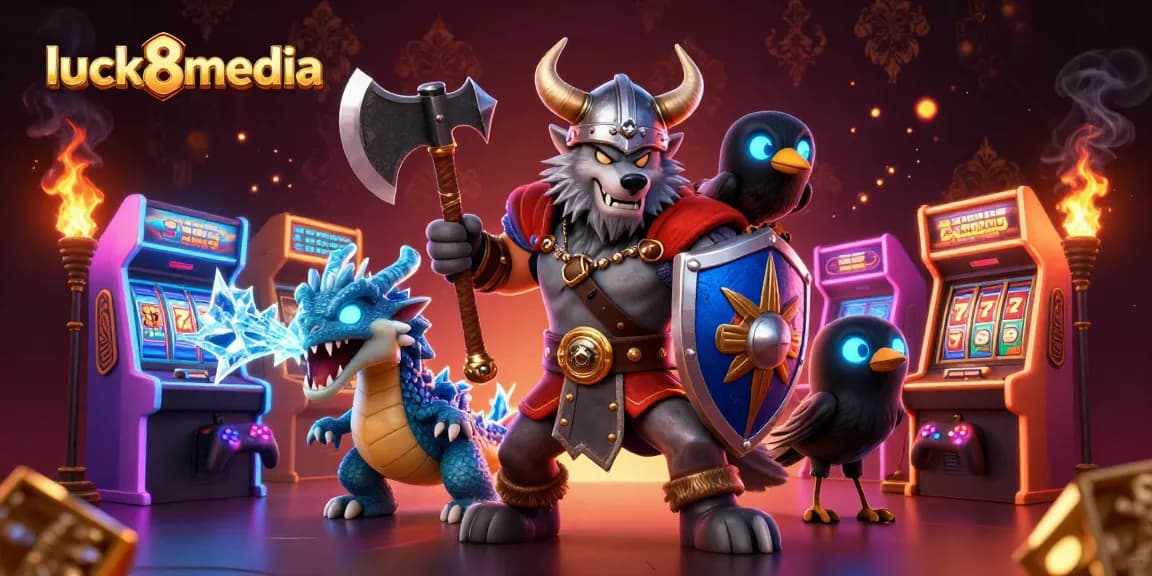 Engage with luck8media's thrilling slots and arcade fun featuring a fierce wolf warrior, dragon, and interactive gaming elements.