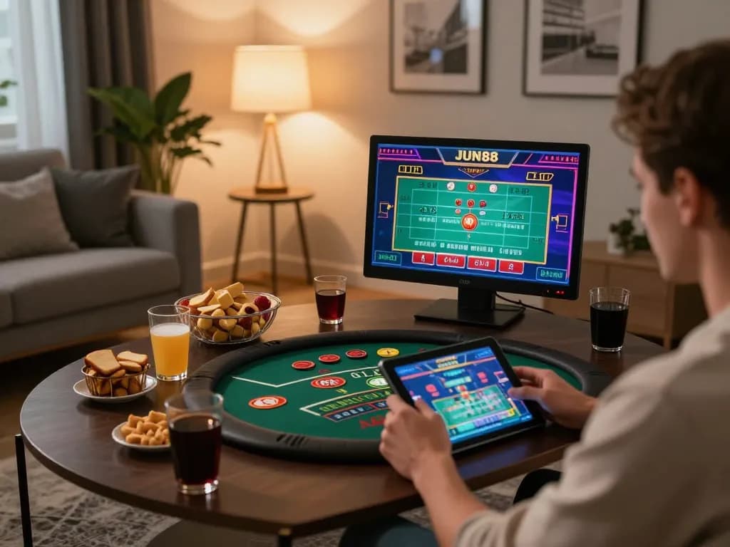 Player enjoying live casino action on tablet at home while gaming with JUN88 platform.