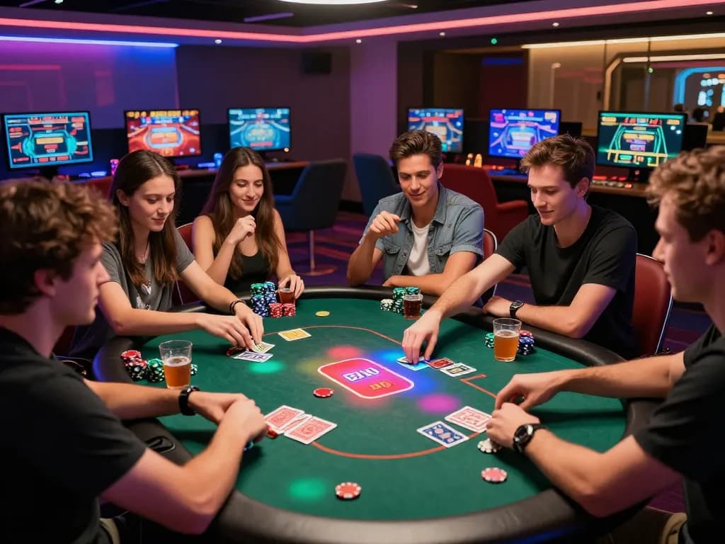Engaging gaming atmosphere with friends at gem88 poker table, vibrant decor and lively interaction.