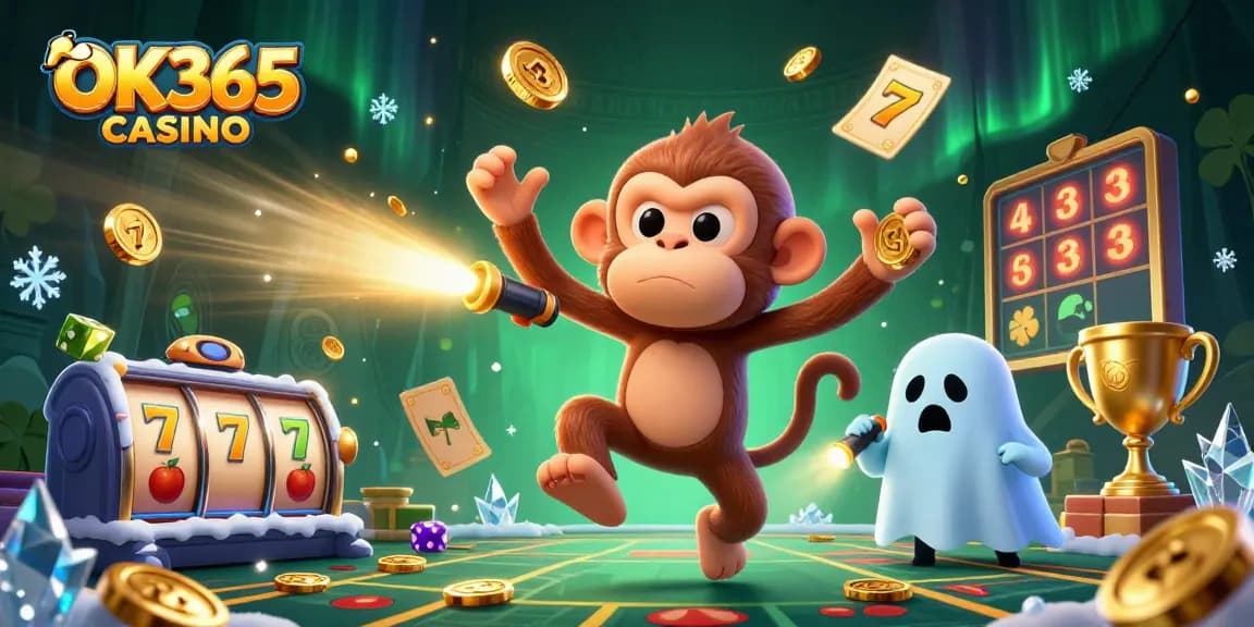 Engage in thrilling gameplay at OK365 CASINO with golden juggled coins, slot symbols, and a ghost-hunter puppy.