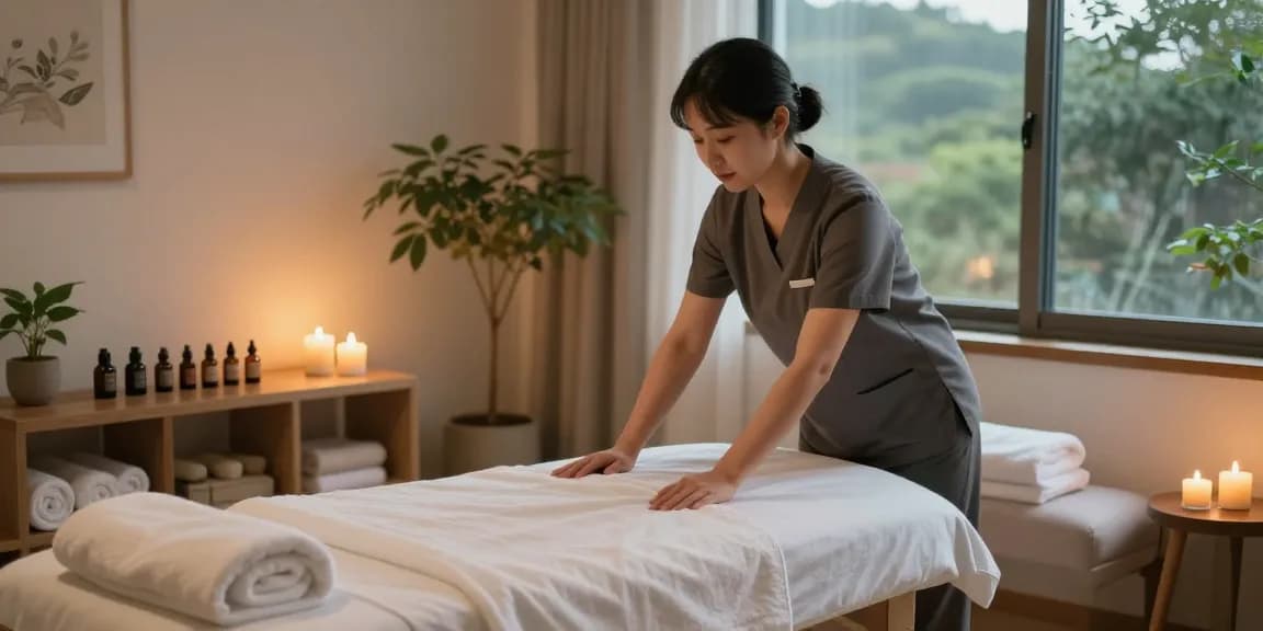 Relaxing 인계동출장안마 massage therapy room setup with a trained therapist preparing a tranquil environment.