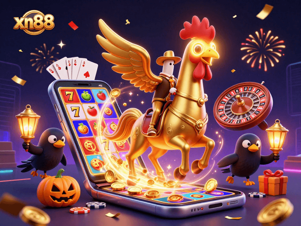 Experience the excitement of xn88 with a golden rooster navigating a vibrant casino scene.