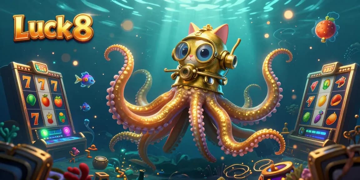 Experience Luck 8 with a kraken and diving cat amid vibrant slot game elements.