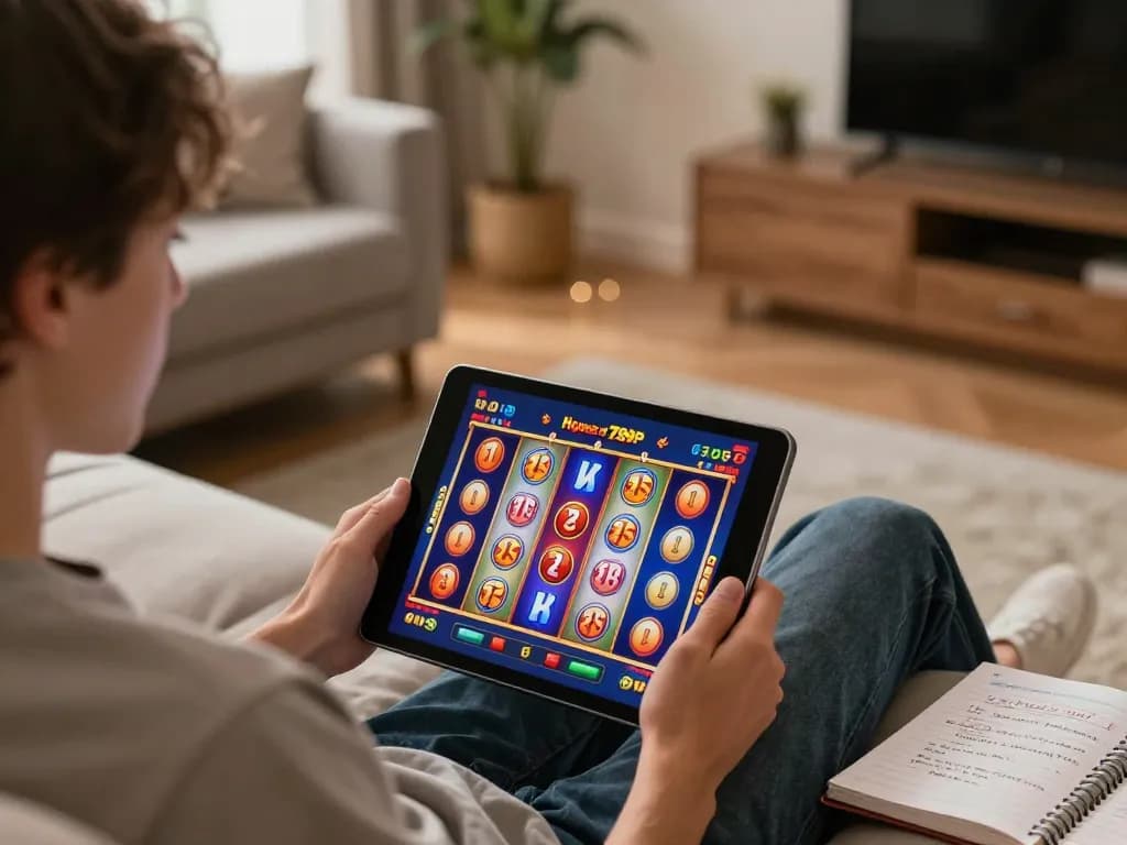Engaging moment playing slots at nhà cái 789p on a tablet in a cozy living room setting.