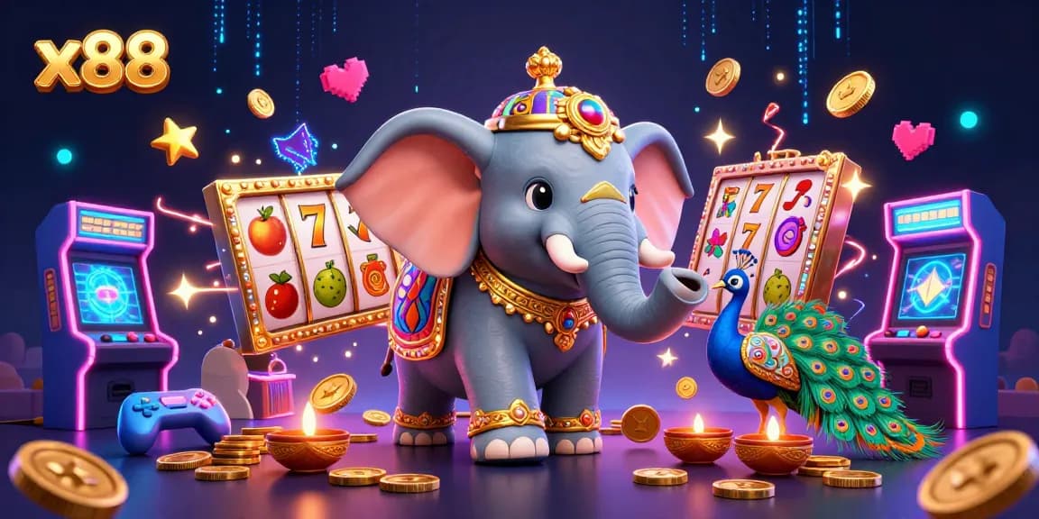 Engage in thrilling x88 slots with a vibrant 3D illustration of a Diwali-themed elephant and colorful game elements.