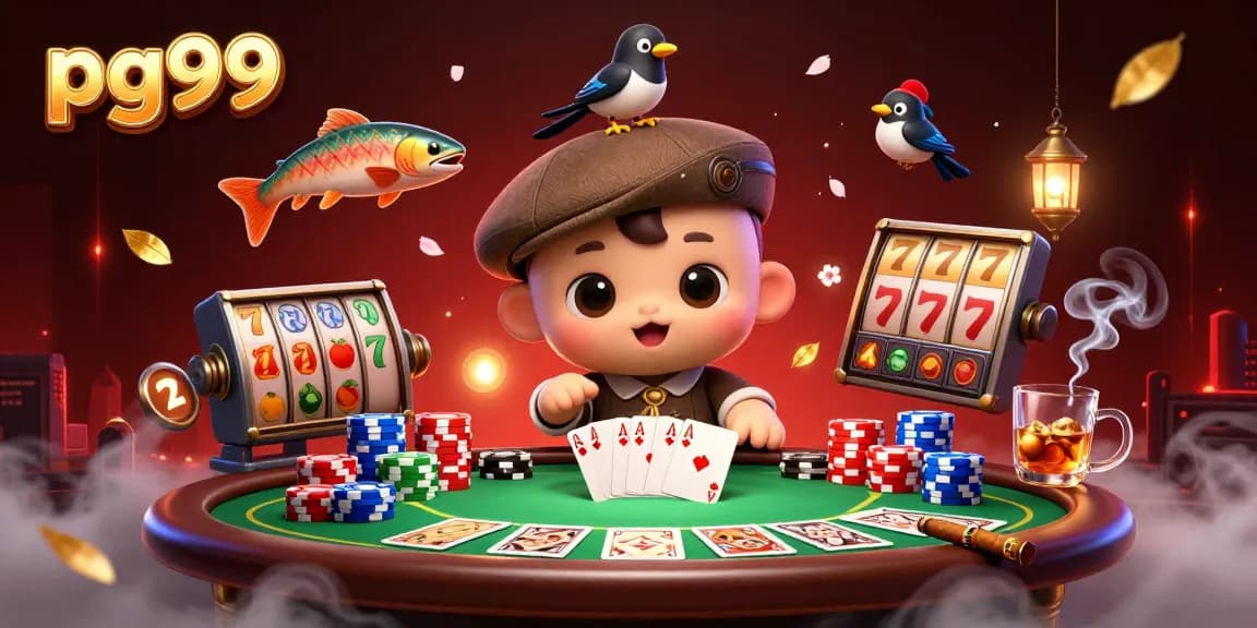 pg99 offers a vibrant casino scene with a playful Loch Ness monster and colorful poker elements.
