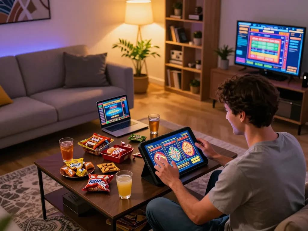 VA88 user thrillingly enjoying online slots gaming at home with great snacks.