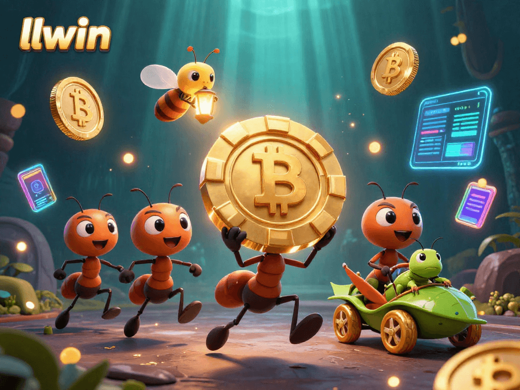 Visualize the ants from llwin carrying a giant poker chip in a tunnel, an engaging scene full of gambling elements.