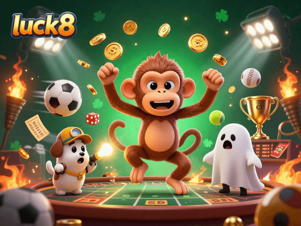 Experience thrilling gaming action at luck8 with a charming poltergeist monkey and ghost-hunter puppy in a haunted casino.