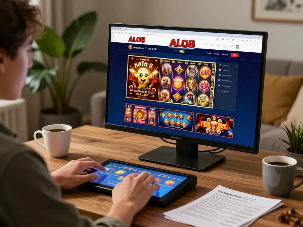 Engaging ALO8 online casino session with player focused on mobile gameplay, cozy home atmosphere.