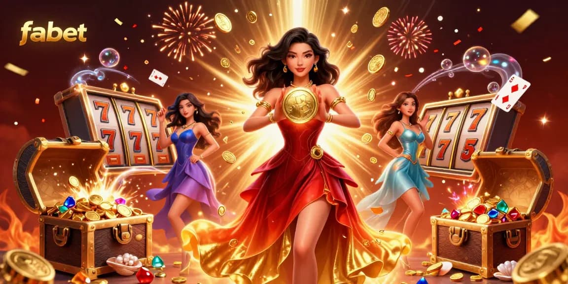 Win big at fabet with an energetic scene filled with golden coins, vibrant casino elements, and a striking Asian woman.