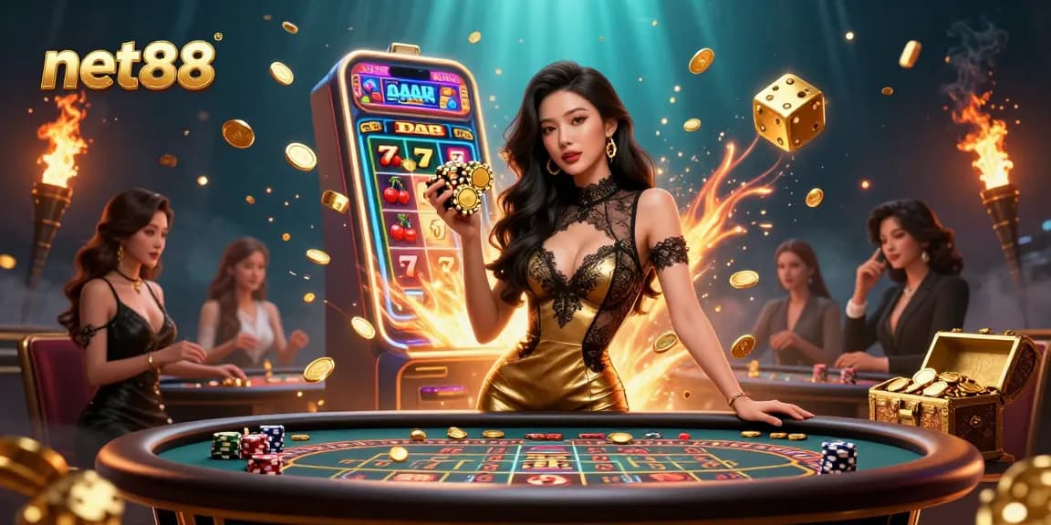 Engage in exciting game action with net88 at a VIP casino table surrounded by thrilling slot symbols and golden chips.