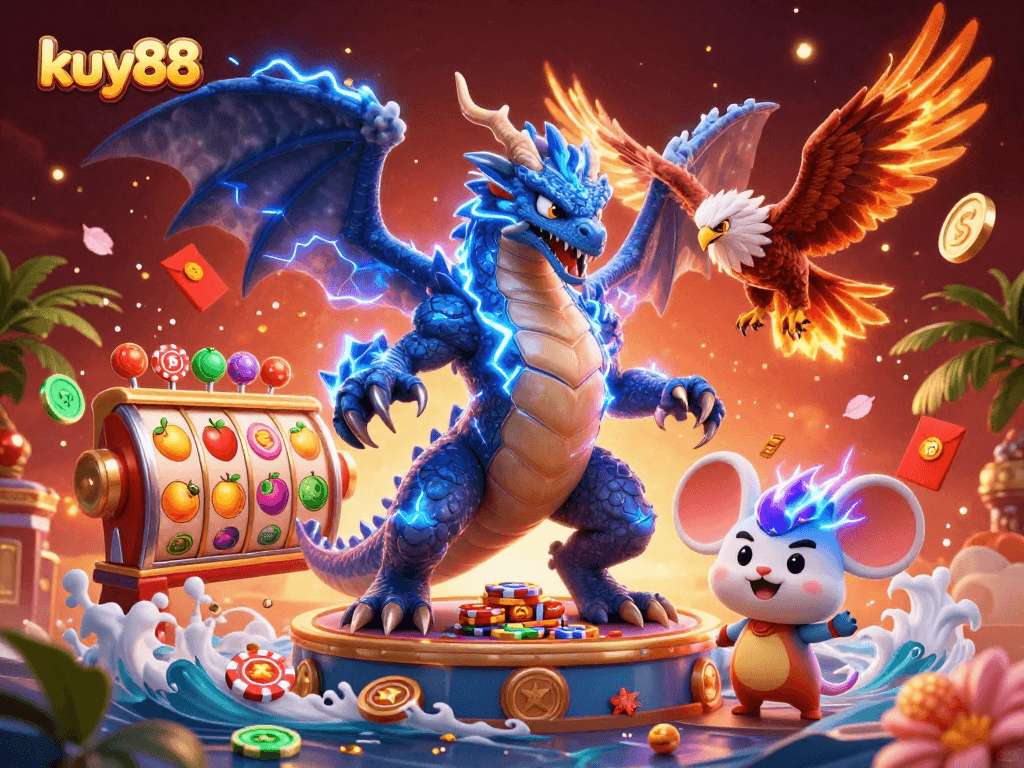 Experience thrilling gameplay with kuy88's vibrant casino scene, featuring electrifying 3D characters.
