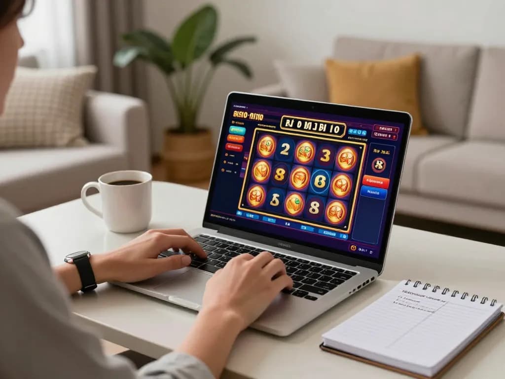 Player engaging in online gambling on xo88s platform, laptop displaying exciting slot game.