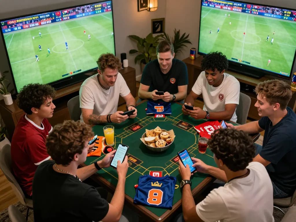 Excited group placing bets on CAKHIA TV during a live football match.