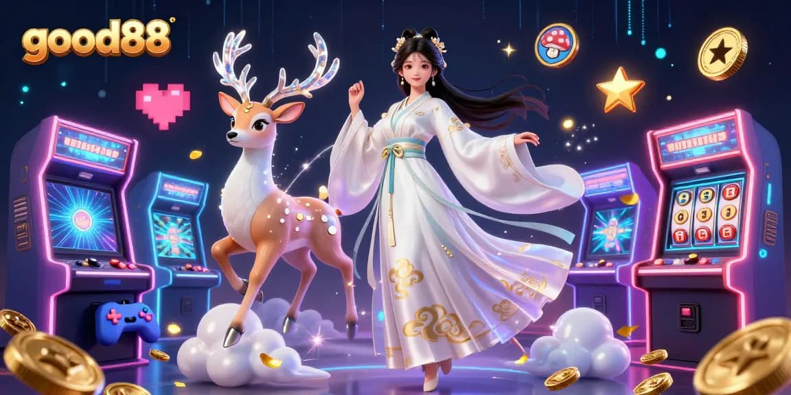 Engage with good88 at this vibrant casino-themed illustration, showcasing dynamic game elements and an enchanting atmosphere.