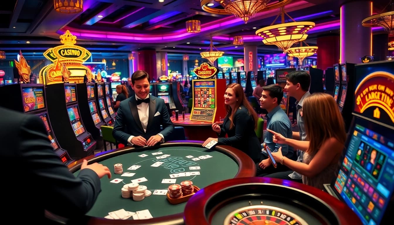Players enjoying slots and poker at NOHU90, celebrating wins in a vibrant casino atmosphere.
