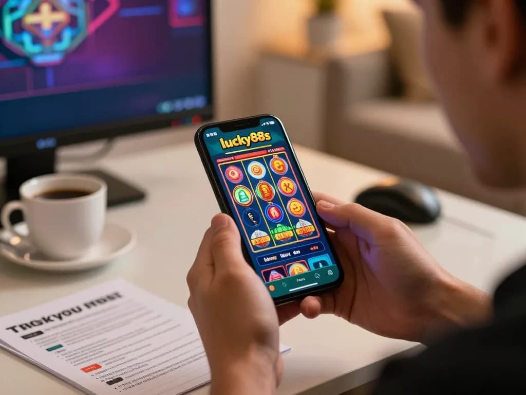 Engaging gameplay with lucky88s app on smartphone in a cozy home gaming environment
