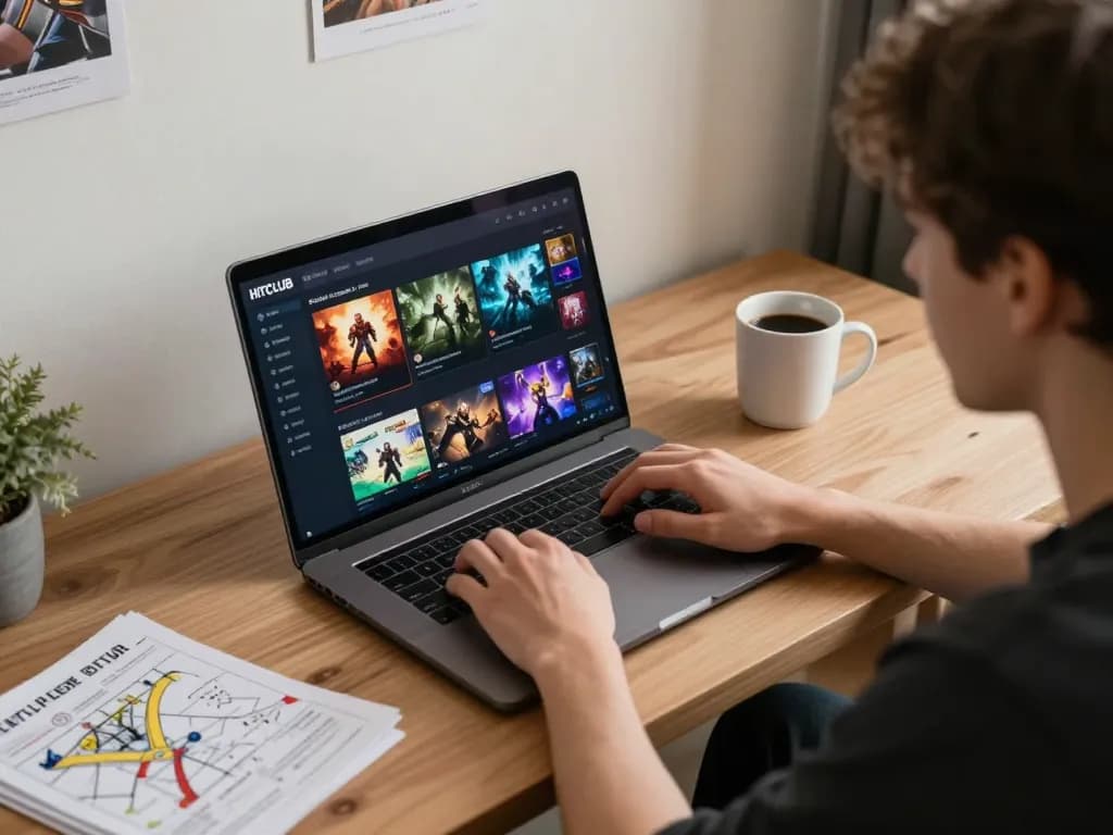 Engaging in online gaming at HITCLUB with various options displayed on the laptop.