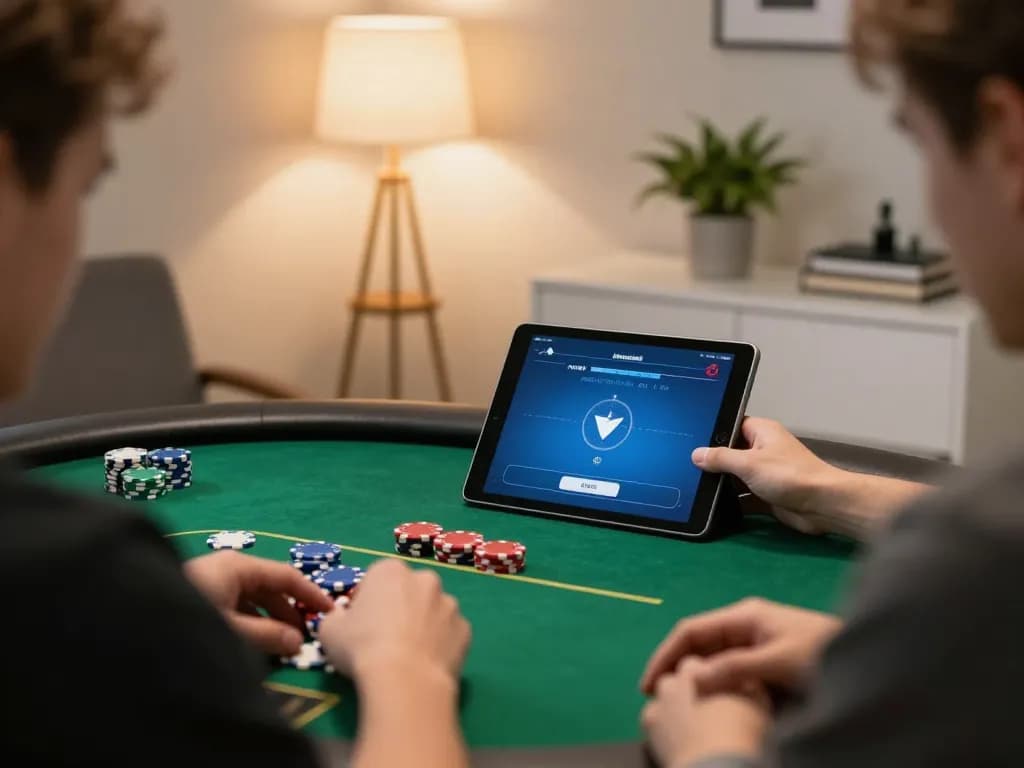 Kuwin player strategizing in a cozy home office during an online poker game.