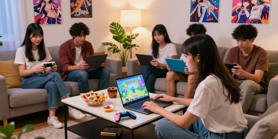 Friends enjoying ecchi games together in a cozy living room with gaming consoles and snacks.