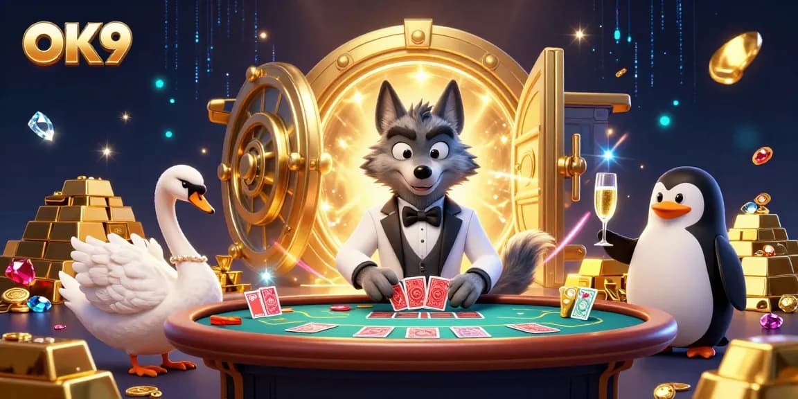 Experience the excitement with OK9 gaming as a cartoon wolf plays baccarat with a swan dealer and a penguin sommelier.
