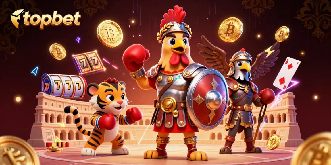 Experience topbet's thrilling slots with a gladiator rooster, surrounded by vibrant 3D gaming elements.