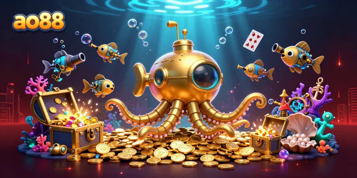 Engage with thrilling gameplay at ao88, featuring a golden kraken submarine amidst riches and vibrant casino elements.