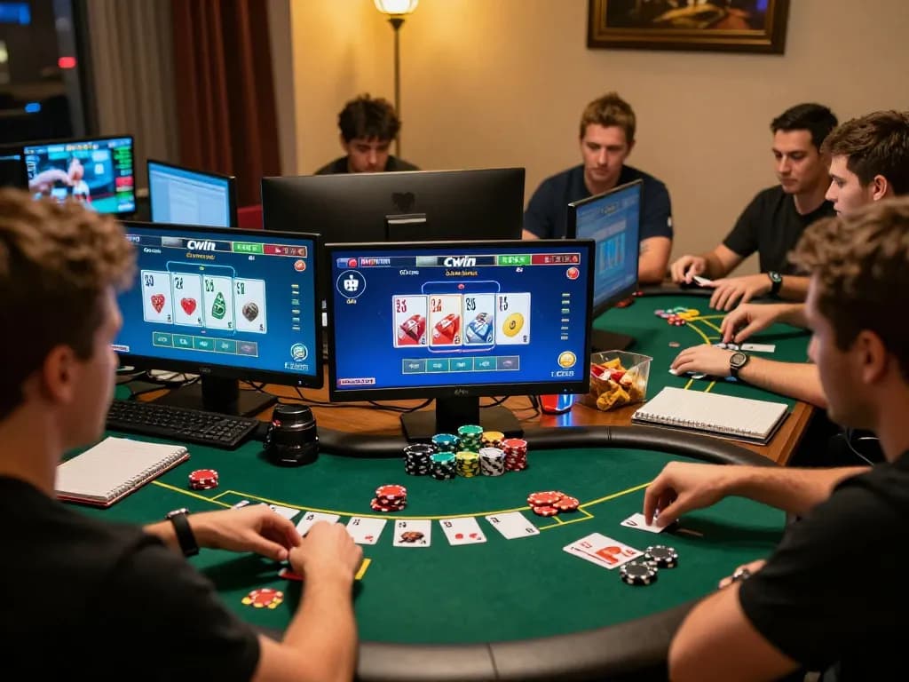 Cwin players engaging in an online poker game, showcasing excitement and strategy in a home setting.