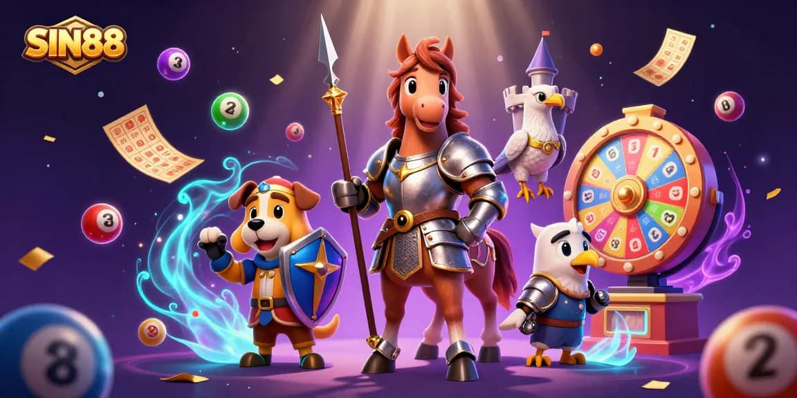 SIN88 showcases a vibrant gambling scene with colorful lottery elements and characters celebrating wins.