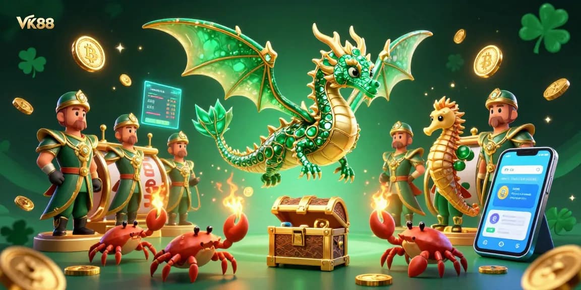 Experience the thrill of VK88 casino with a vibrant sea dragon and treasure chest in a rich 3D illustration.
