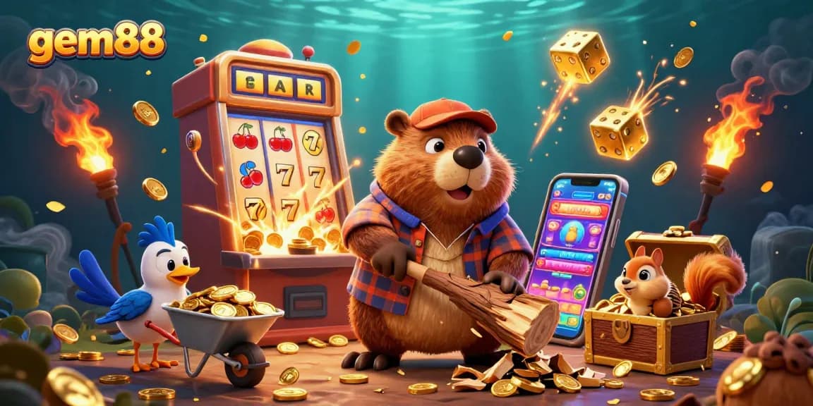 Claim exciting jackpots at gem88 with vibrant golden coins raining down in this fun casino scene.