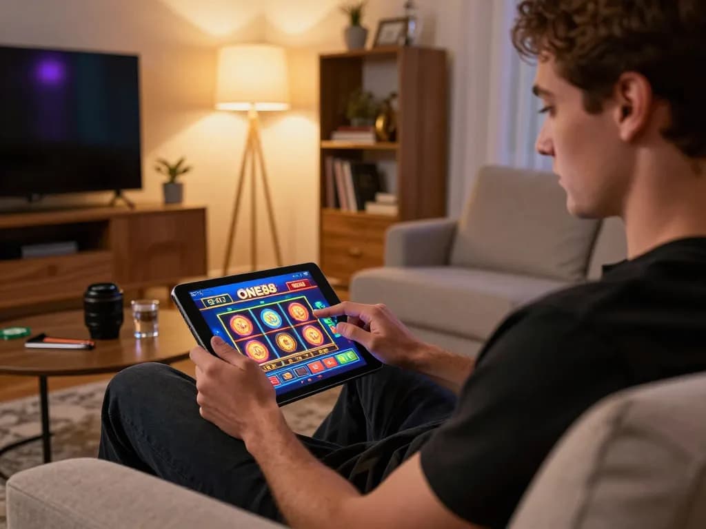 Engaging in online gaming on ONE88's platform from a cozy home setting.
