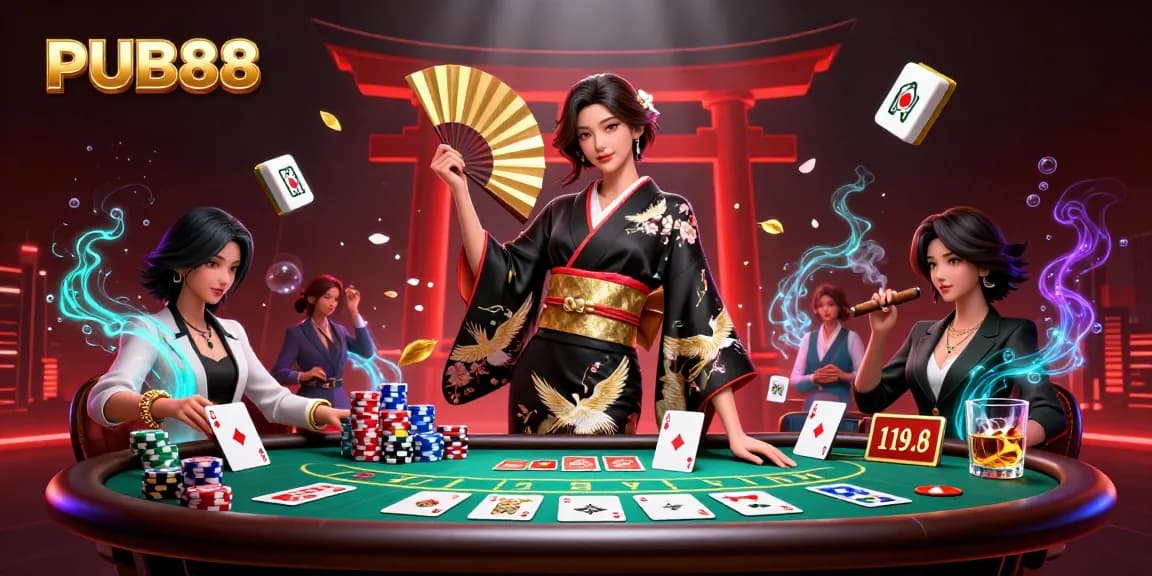 Play exciting poker at PUB88 with stunning visuals showcasing a traditional Asian theme and casino elements.