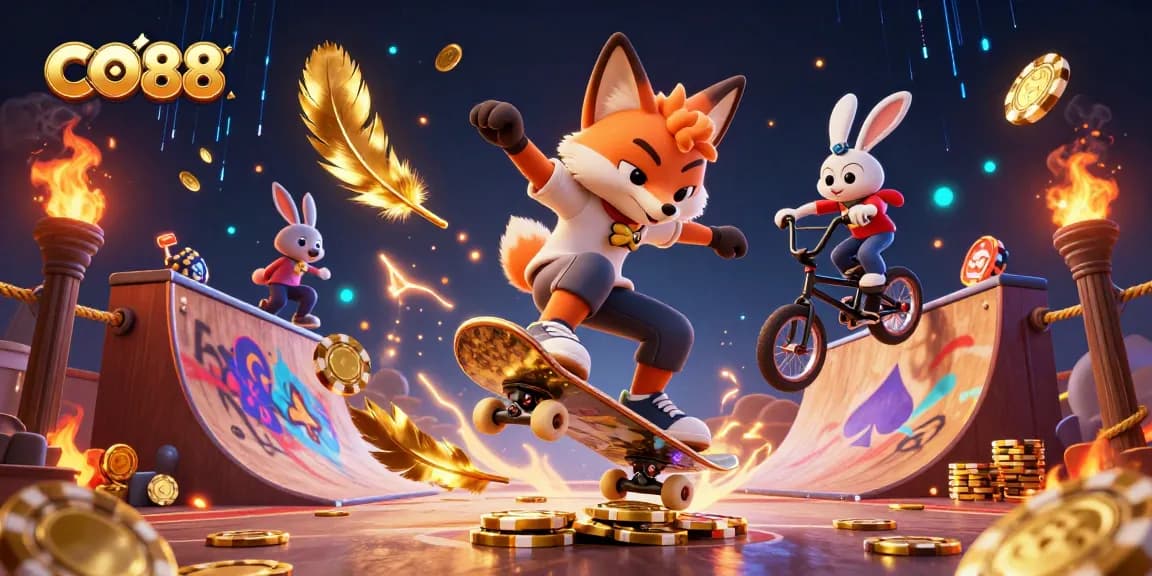 Engage with CO88 action as a skateboarder fox performs tricks over poker chip ramps amidst vibrant casino visuals.