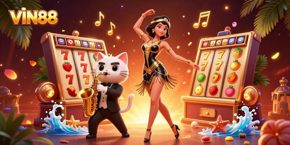 Win big with VIN88 in a vibrant online casino scene showcasing slot reels and dynamic characters.