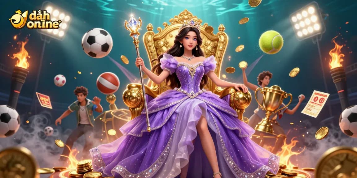 Engage in đánh đề online with a regal Asian empress holding a scepter amid dynamic gaming elements.