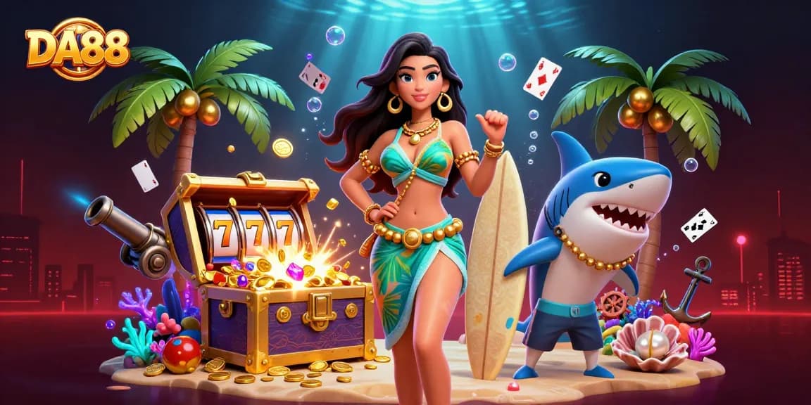 Experience the thrill of DA88 with vibrant slot reels and an energetic scene of gaming excitement.