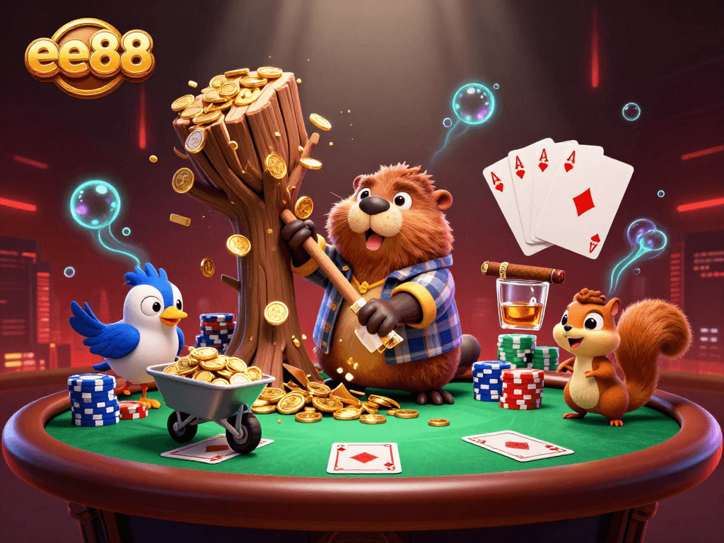 ee88 cartoon scene showcasing fun gambling action with a beaver, bird, and squirrel collecting golden coins.