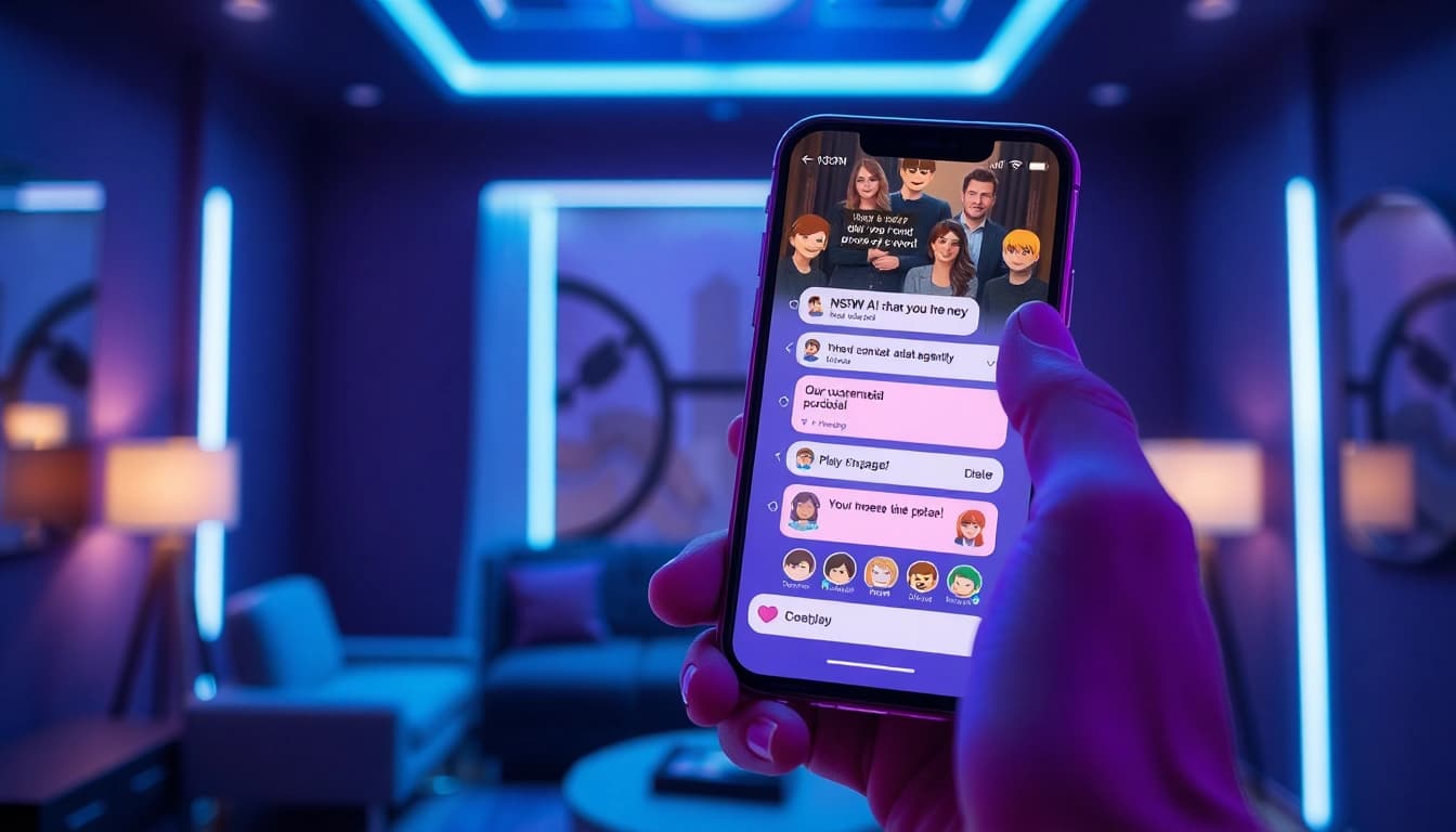 Interactive NSFW AI chat interface displayed on a smartphone, showcasing engaging conversations and customizable characters.