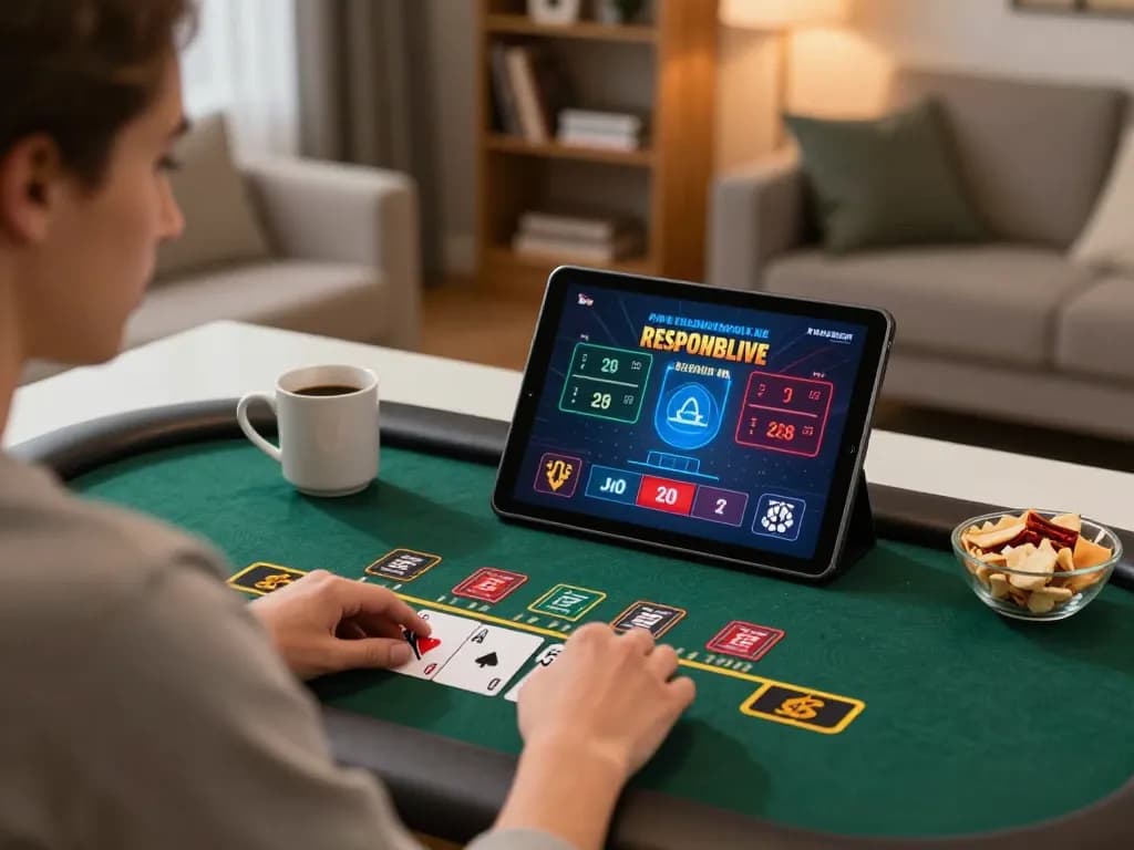 Player enjoying MMOO live dealer blackjack on tablet, cozy home setting with snacks.